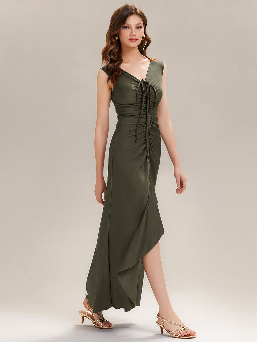 Color=Olive Green | Industrial Use Sleeveless V-Neck High Stretch Bodycon Maxi Dress with Ruffles Evening Dresses-Olive Green 14