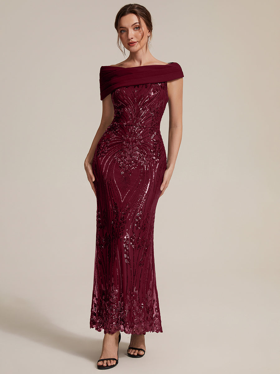 Color=Burgundy | Sequined Off-Shoulder Crepe Maxi Wholesale Evening Dress-Burgundy 1
