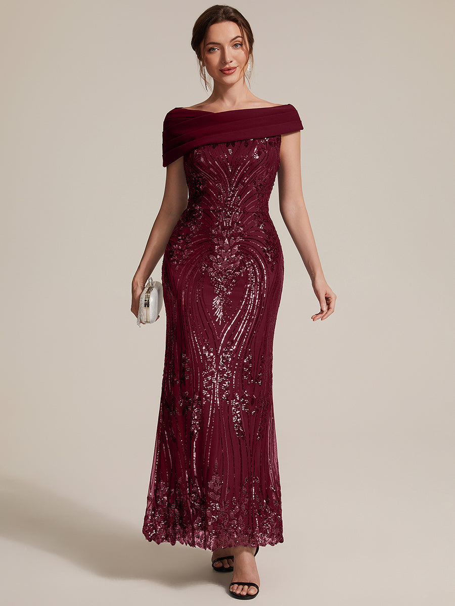 Color=Burgundy | Sequined Off-Shoulder Crepe Maxi Wholesale Evening Dress-Burgundy 4