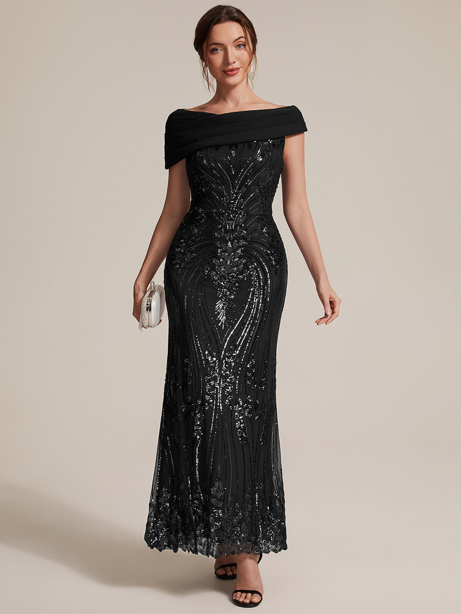 Color=Black | Sequined Off-Shoulder Crepe Maxi Wholesale Evening Dress-Black 4