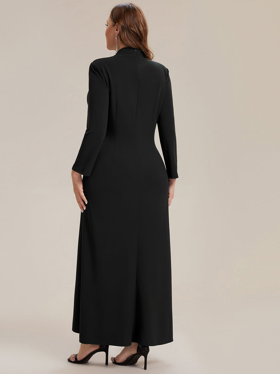 Color=Black | Commercial Wholesale Long Sleeve V-Neck High Stretch Bodycon Dress with Slit & Ruffle Evening Dresses-Black 7