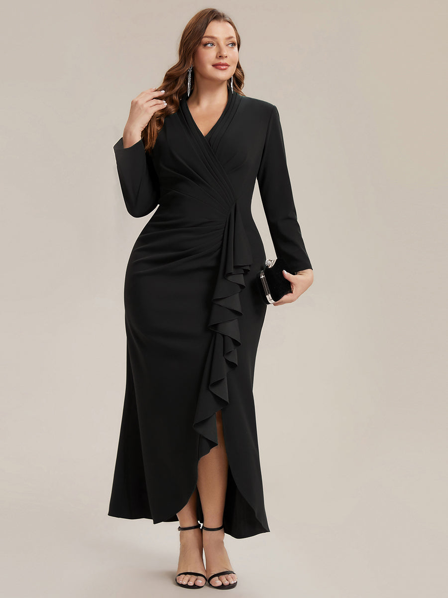 Color=Black | Commercial Wholesale Long Sleeve V-Neck High Stretch Bodycon Dress with Slit & Ruffle Evening Dresses-Black 10