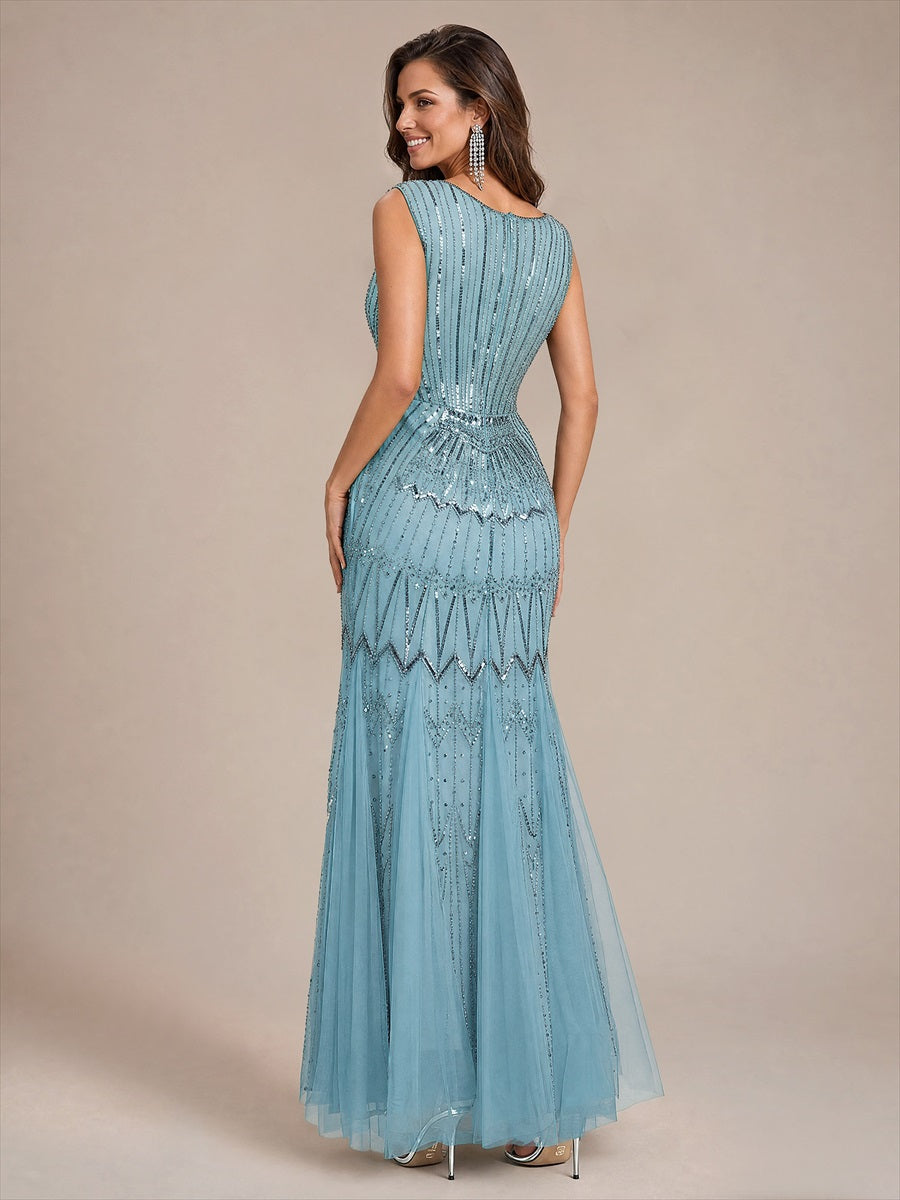 EE02852BL | Beaded Sequin Tulle Sleeveless Maxi Evening Dress