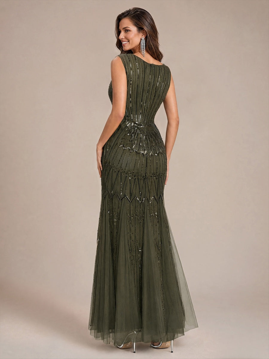 EE02852OG | Beaded Sequin Tulle Sleeveless Maxi Evening Dress