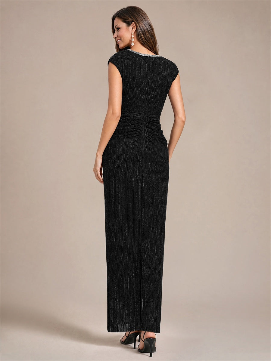 EE02870BK | Tulle Cap Sleeve Bodycon Evening Dress