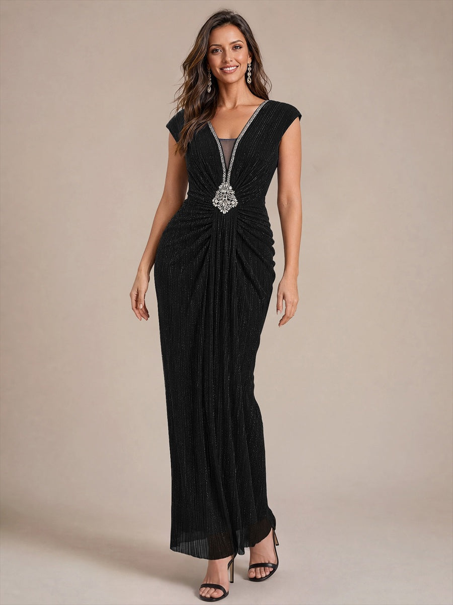 EE02870BK | Tulle Cap Sleeve Bodycon Evening Dress