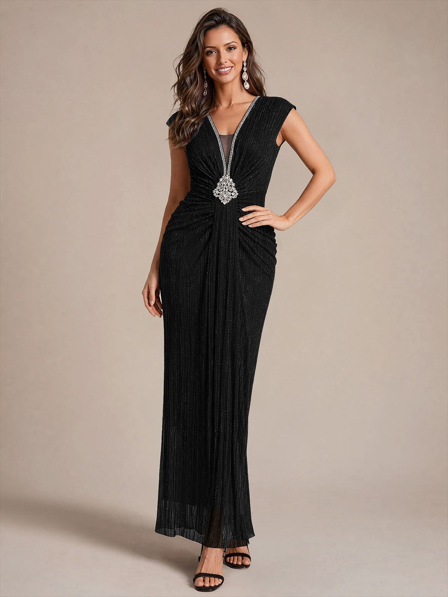 EE02870BK | Tulle Cap Sleeve Bodycon Evening Dress