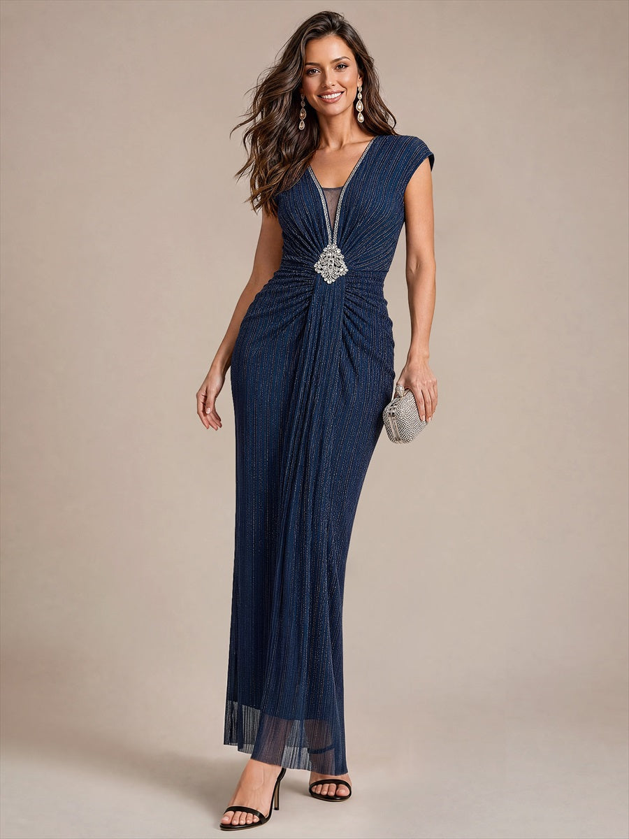 EE02870NB | Tulle Cap Sleeve Bodycon Evening Dress