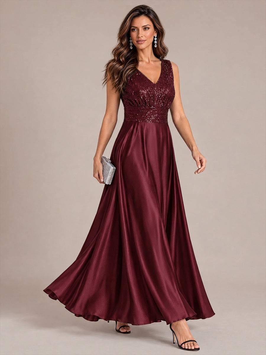 Color=Burgundy | Sleeveless Sequin Maxi Length Evening Dresses - Burgundy