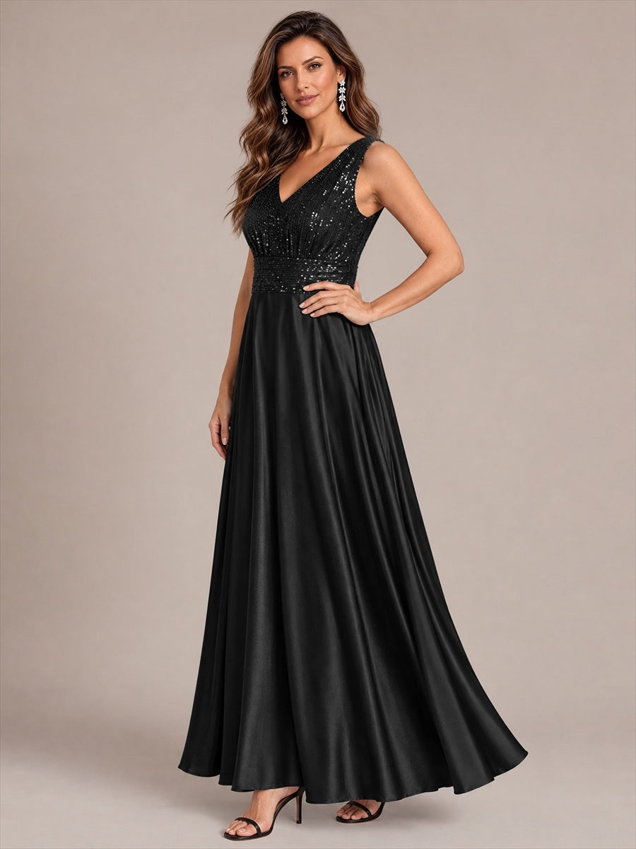 Color=Black | Sleeveless Sequin Maxi Length Evening Dresses - Black