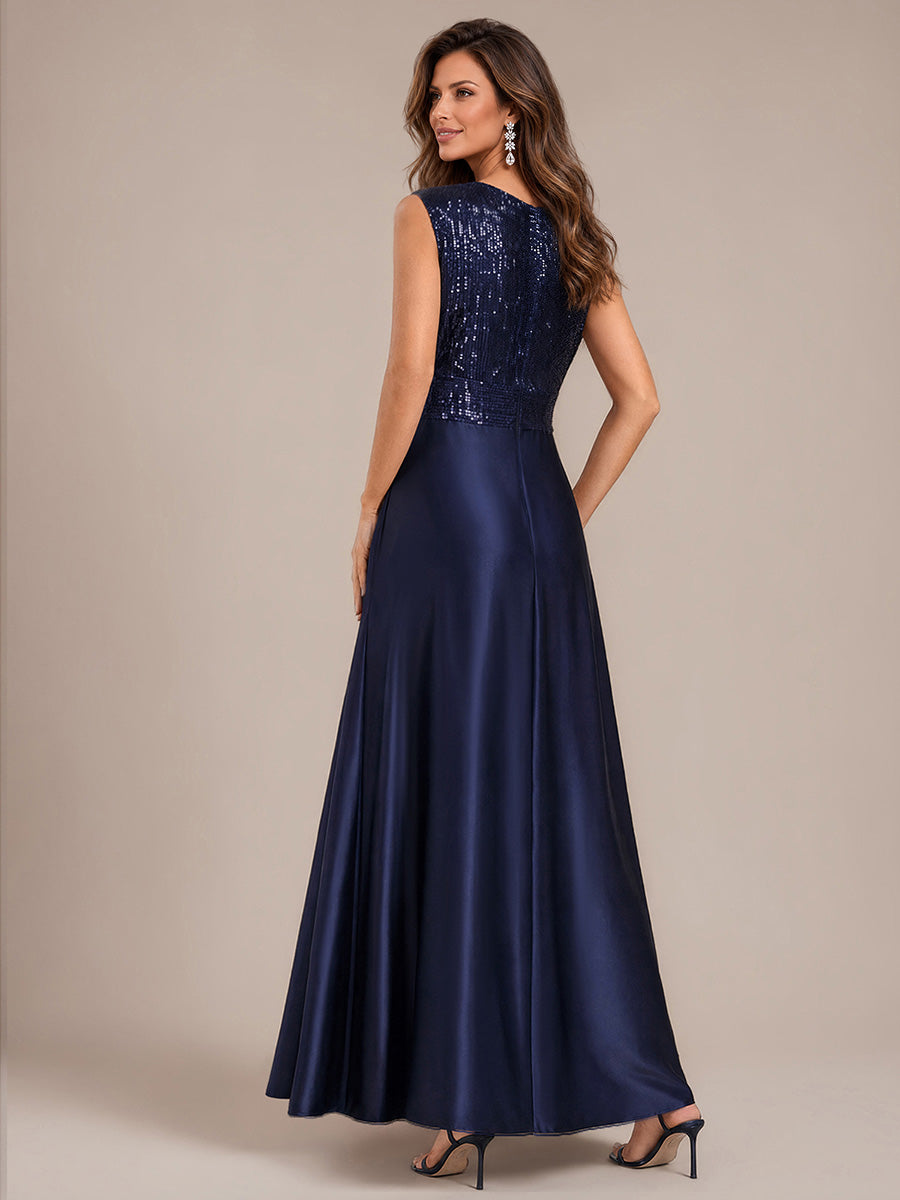 Color=Navy Blue | Sleeveless Sequin Maxi Length Evening Dresses - Navy Blue