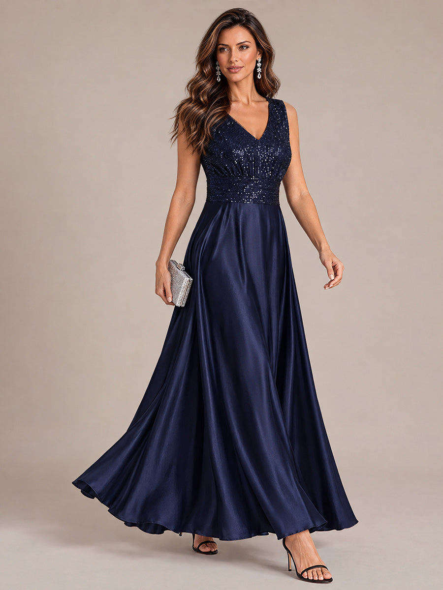 Color=Navy Blue | Sleeveless Sequin Maxi Length Evening Dresses - Navy Blue