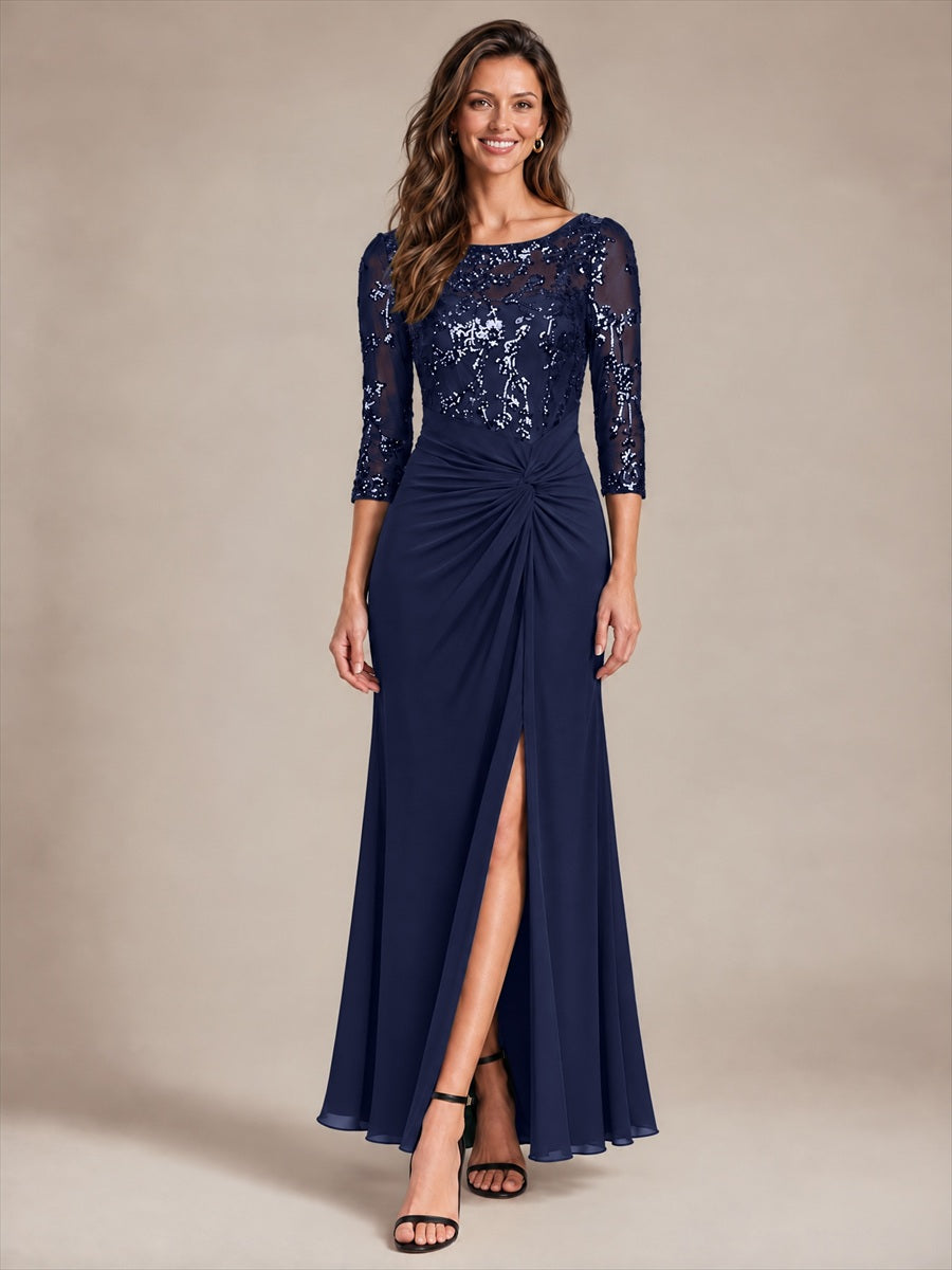 Color=Navy Blue | Fitted Sleeve Jersey Sheath Maxi Wholesale Evening Dress-Navy Blue 1