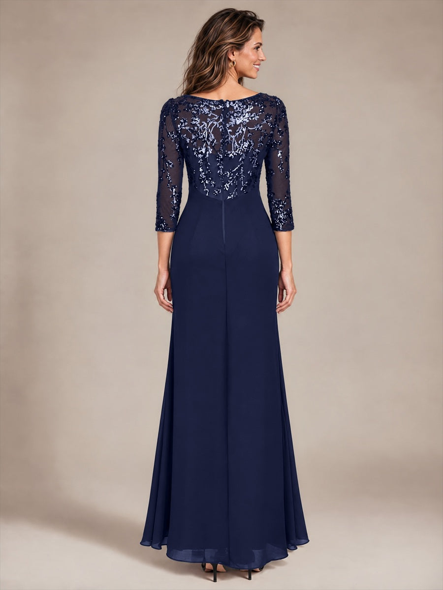 Color=Navy Blue | Fitted Sleeve Jersey Sheath Maxi Wholesale Evening Dress-Navy Blue 2