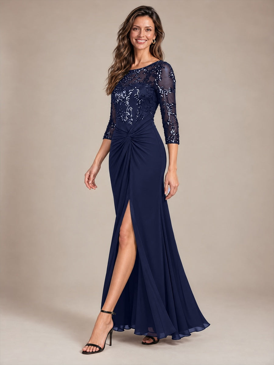 Color=Navy Blue | Fitted Sleeve Jersey Sheath Maxi Wholesale Evening Dress-Navy Blue 3