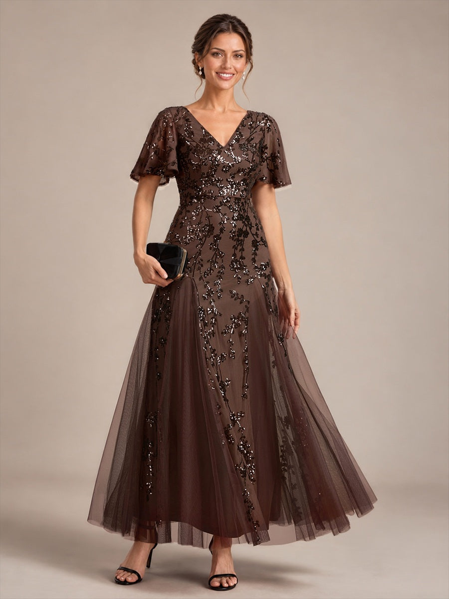 EE02889CD | Ruffle Sleeve Sequin Tulle A-line Evening Dress