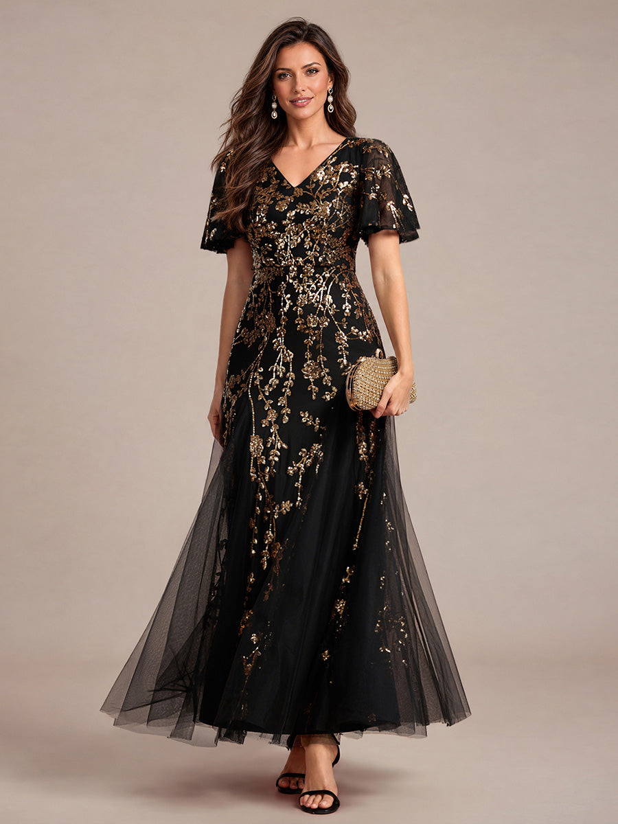 EE02889KG | Ruffle Sleeve Sequin Tulle A-line Evening Dress