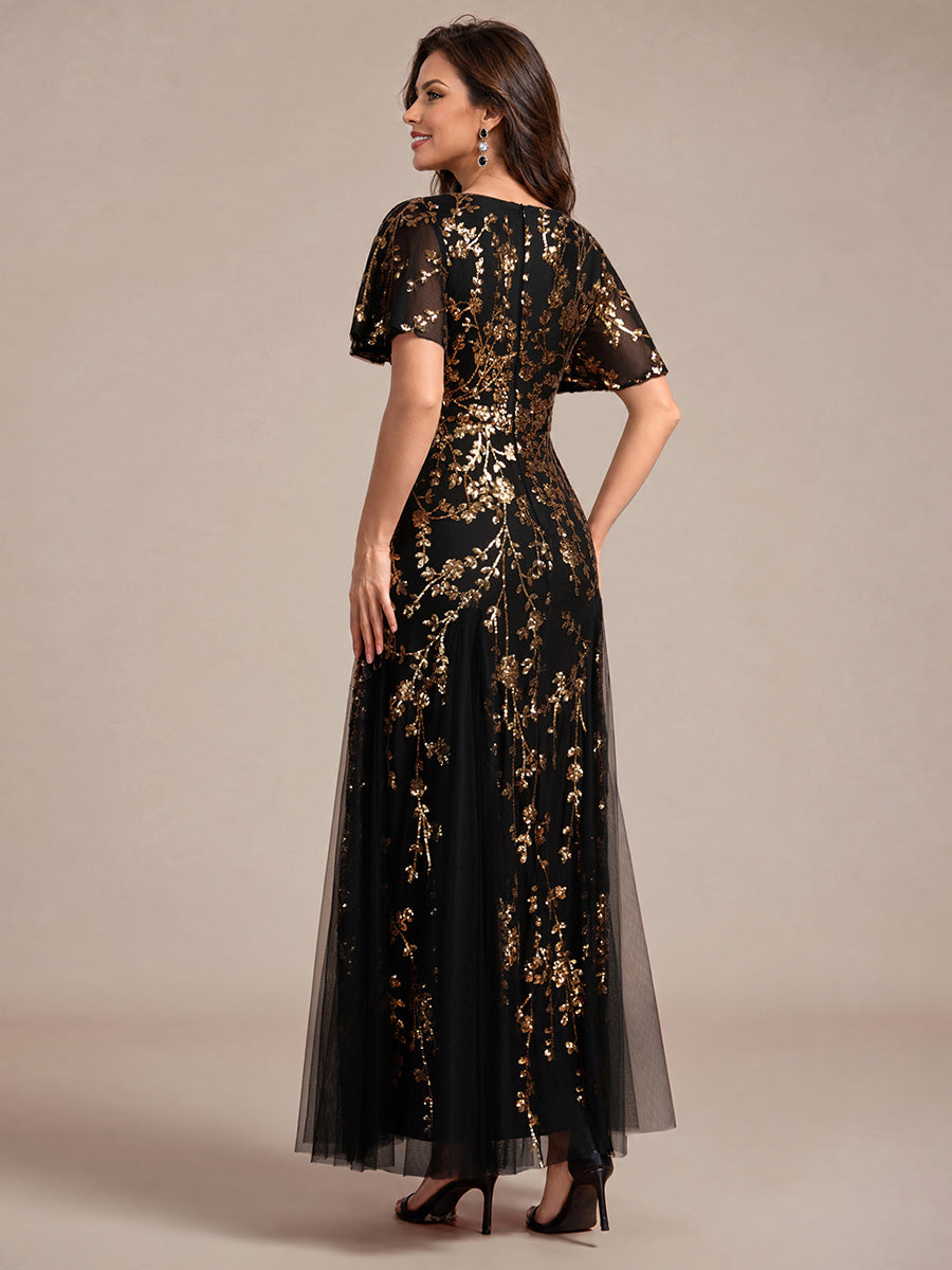 EE02889KG | Ruffle Sleeve Sequin Tulle A-line Evening Dress