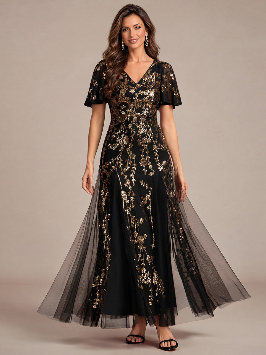 EE02889KG | Ruffle Sleeve Sequin Tulle A-line Evening Dress