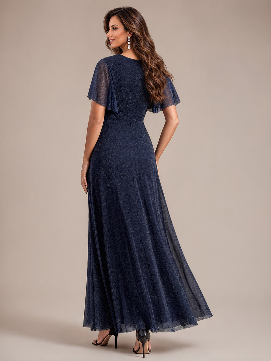 Color=Navy Blue | Ruffle Sleeve Lurex Mesh Maxi Length Evening Dresses - Navy Blue