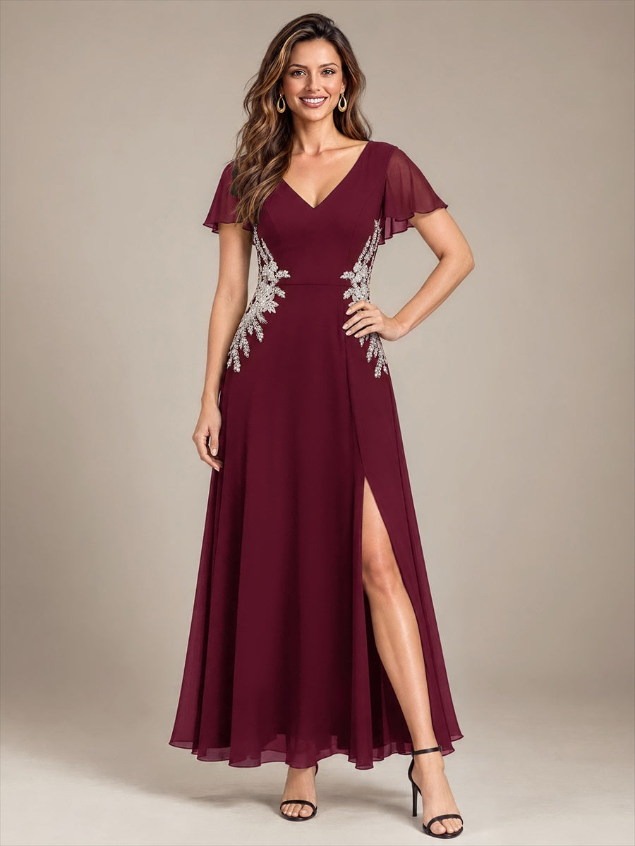 Color=Burgundy|Wholesale Pricing Chiffon V-Neck Evening Dresses-Burgundy