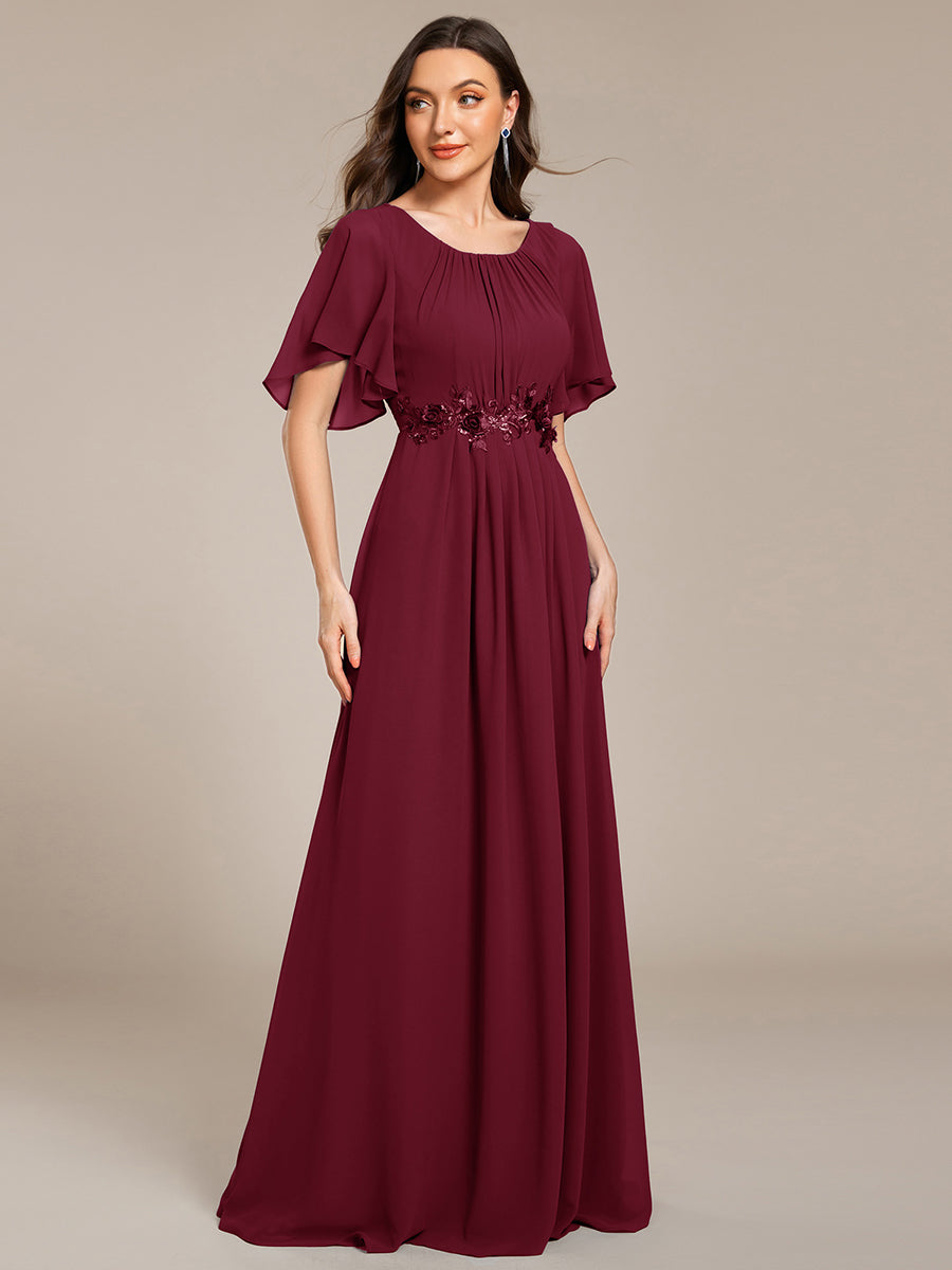 Color=Burgundy | Short Sleeves Pleated Applique A-Line Floor-Length Formal Evening Dress - EE02968-Burgundy 4
