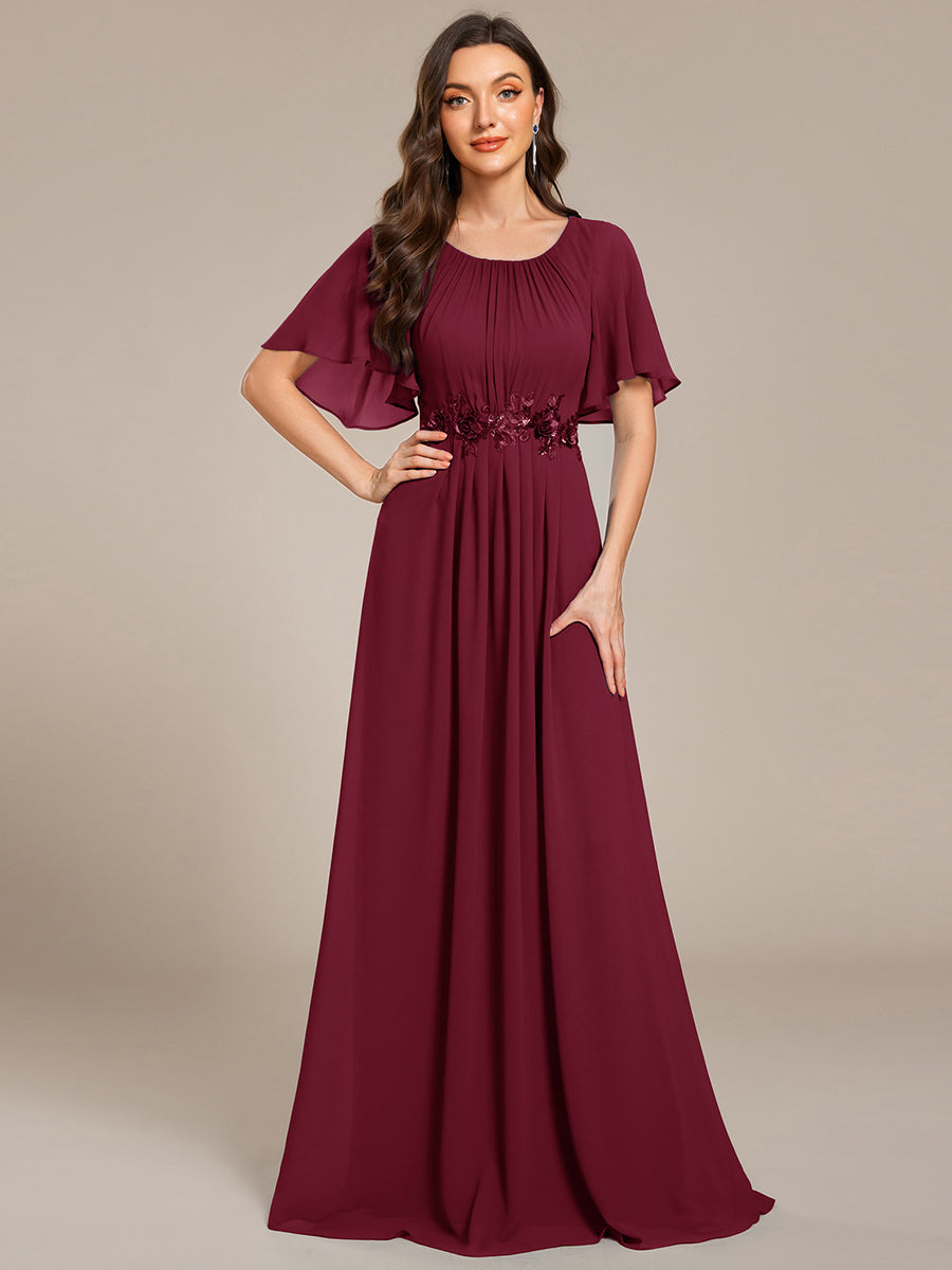 Color=Burgundy | Short Sleeves Pleated Applique A-Line Floor-Length Formal Evening Dress - EE02968-Burgundy 5