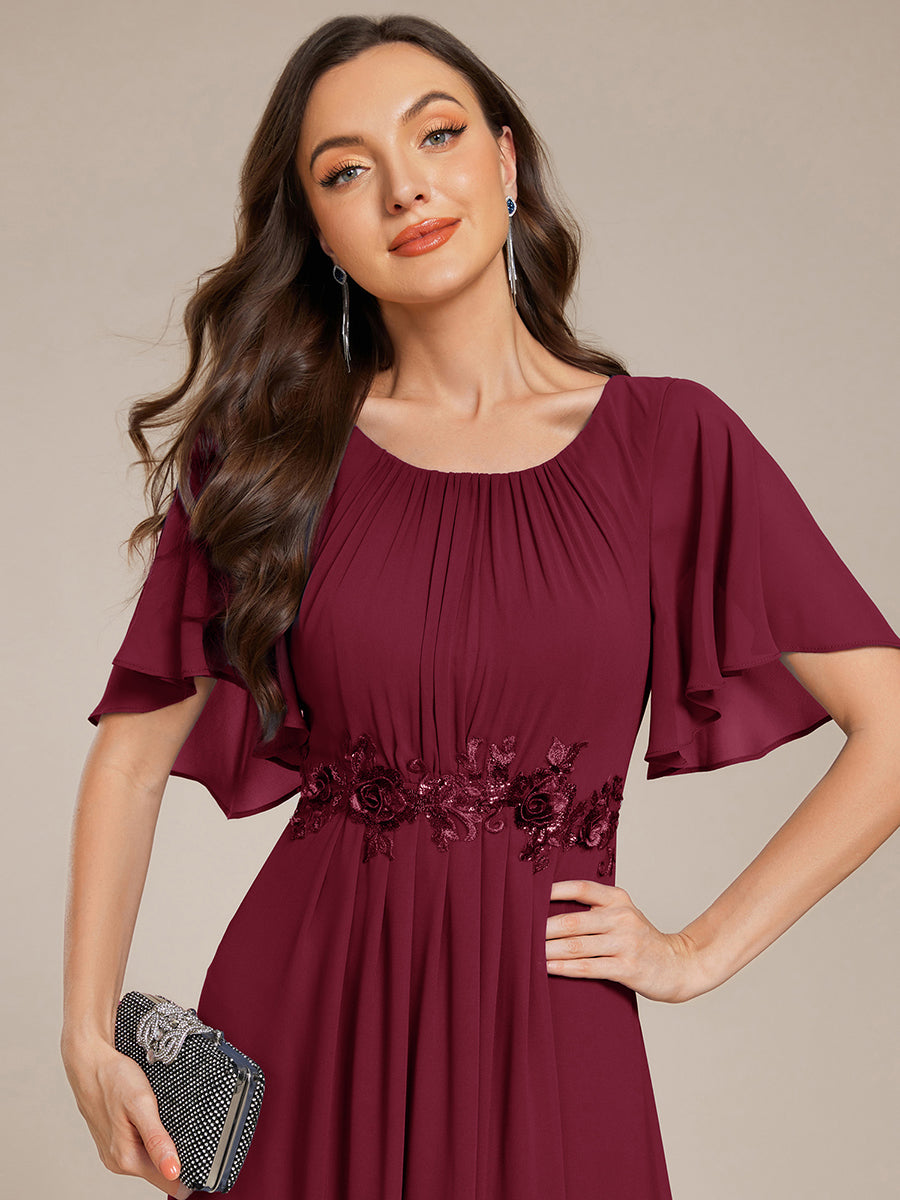 Color=Burgundy | Short Sleeves Pleated Applique A-Line Floor-Length Formal Evening Dress - EE02968-Burgundy 3