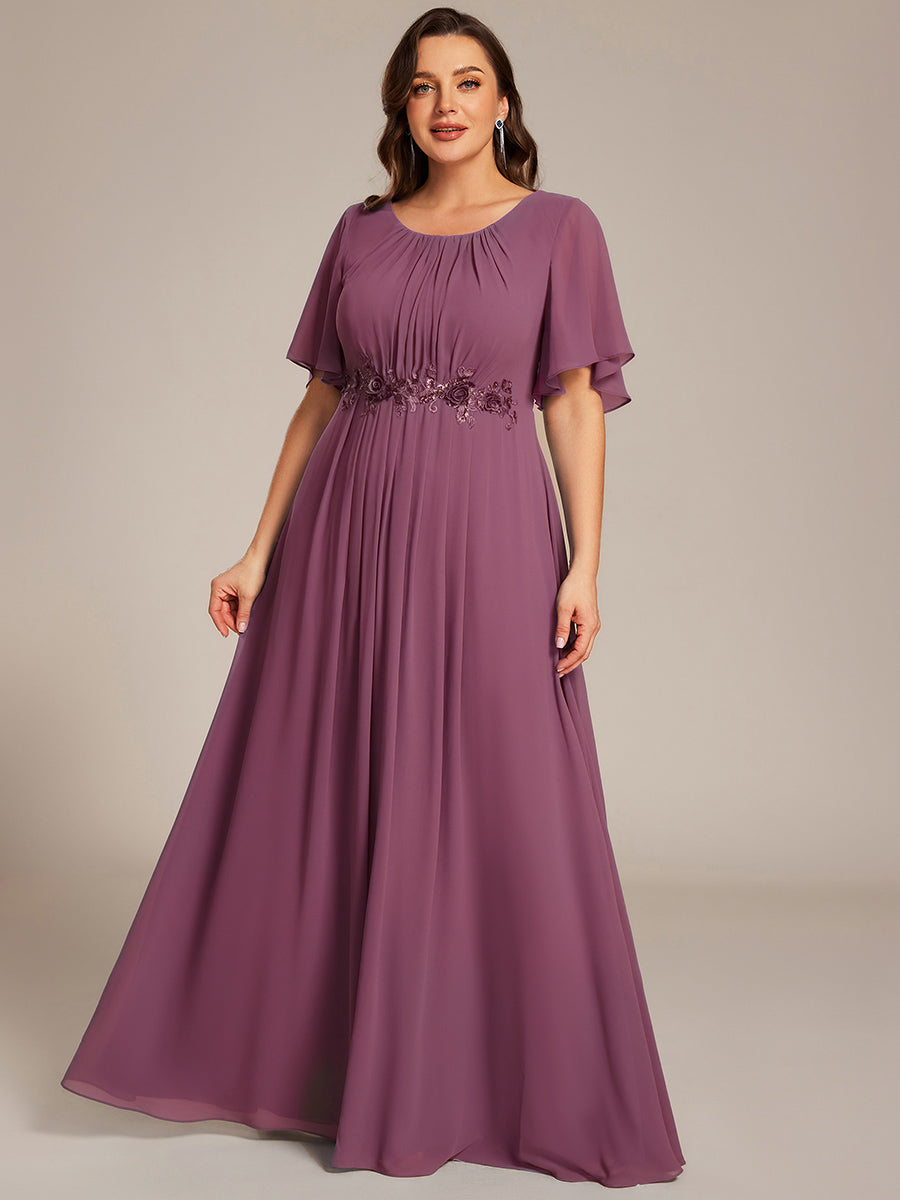 Color=Damson | Volume Discounts Short Sleeve Ruffle Floral Appliques A-Line Floor Length Evening Dresses-Damson 19