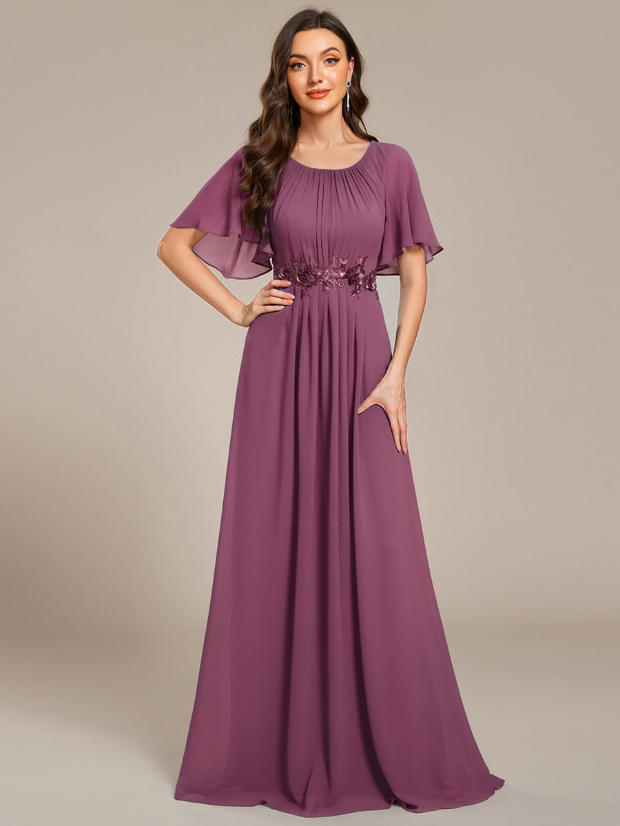 Color=Damson | Volume Discounts Short Sleeve Ruffle Floral Appliques A-Line Floor Length Evening Dresses-Damson 15