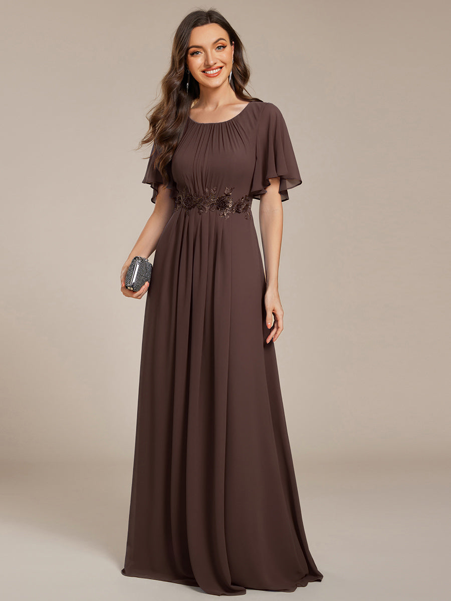 Color=Espresso | Wholesale Pricing Short Sleeve Ruffle Floral Appliques A-Line Floor Length Evening Dresses-Espresso 1