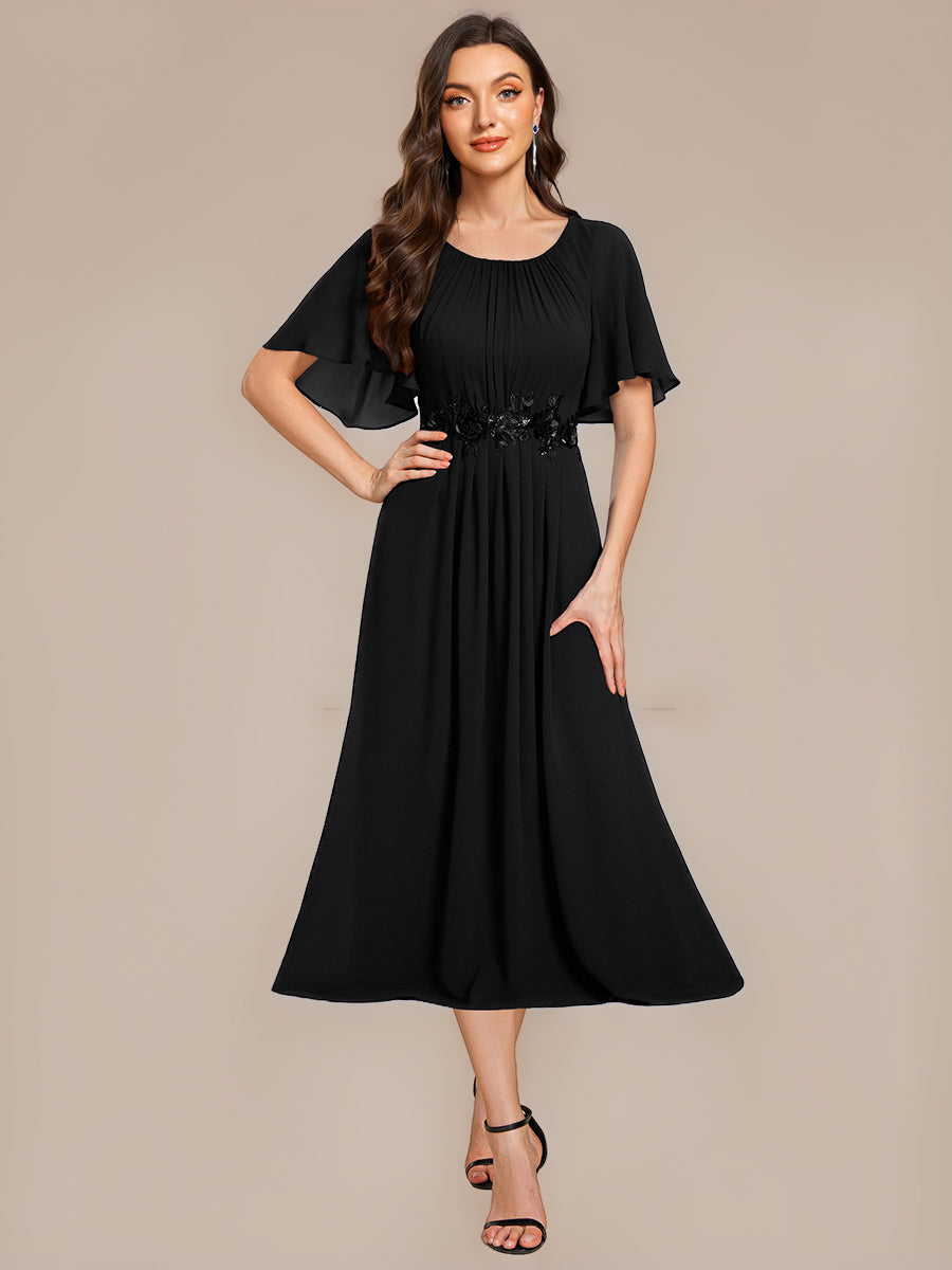 Color=Black | Commercial Wholesale Short Sleeve Ruffle A-Line Midi Dress with Floral Appliques Evening Dresses-Black 5