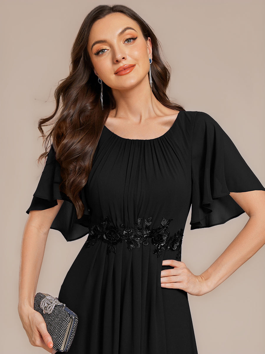Color=Black | Commercial Wholesale Short Sleeve Ruffle A-Line Midi Dress with Floral Appliques Evening Dresses-Black 3