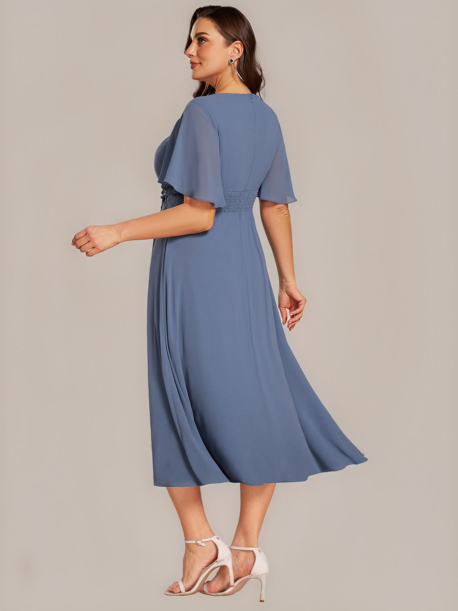 Color=Dusty Blue | Plus Size Wholesale Short Sleeve Ruffle A-Line Midi Dress with Floral Appliques Evening Dresses-Dusty Blue 7