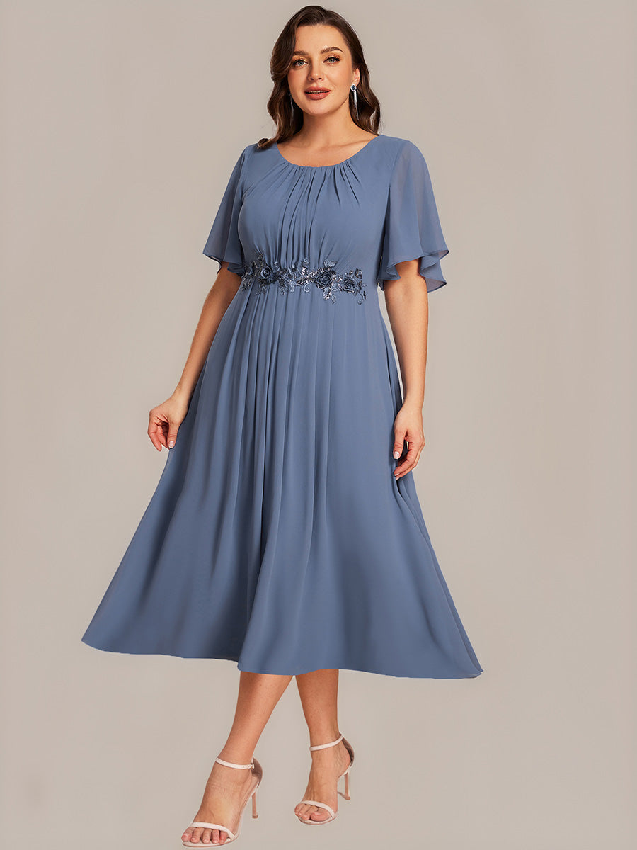 Color=Dusty Blue | Plus Size Wholesale Short Sleeve Ruffle A-Line Midi Dress with Floral Appliques Evening Dresses-Dusty Blue 9