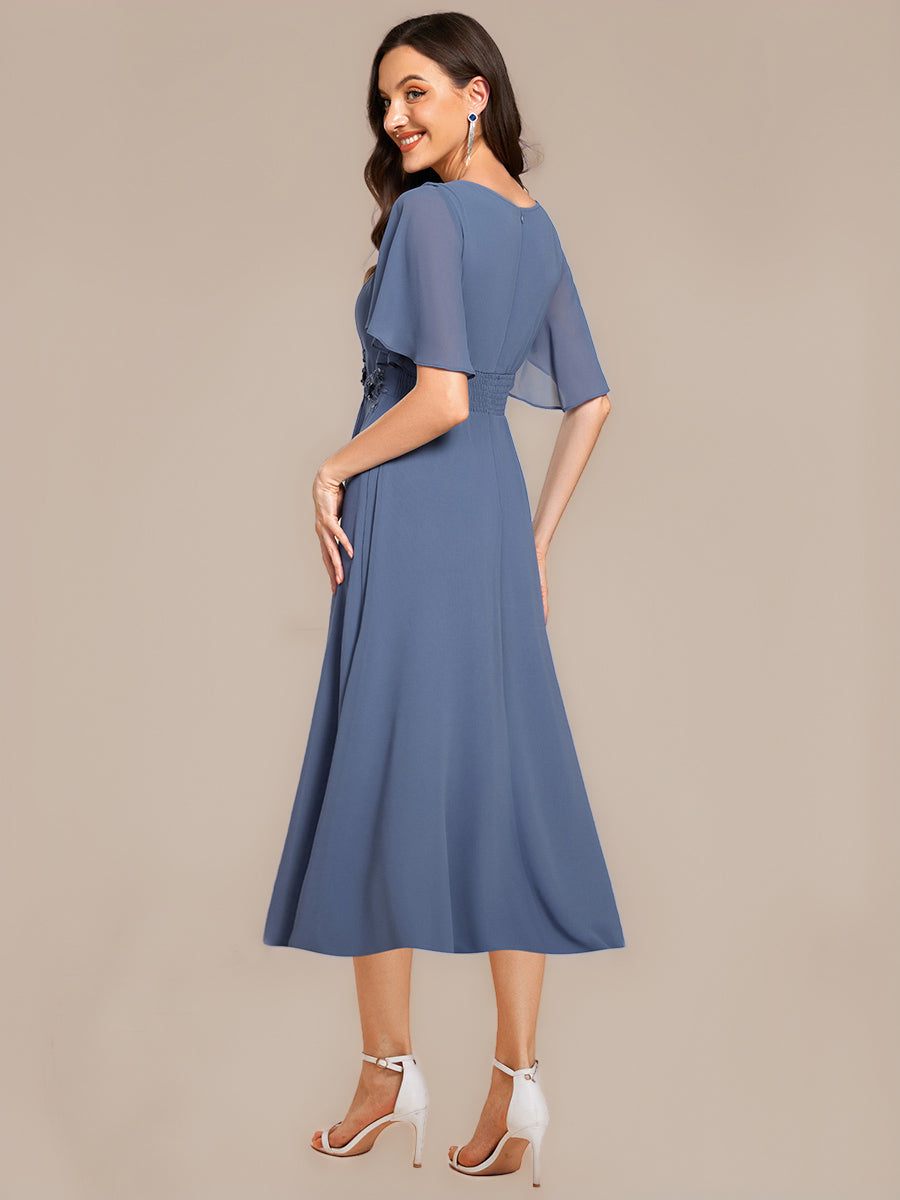 Color=Dusty Blue | Commercial Wholesale Short Sleeve Ruffle A-Line Midi Dress with Floral Appliques Evening Dresses-Dusty Blue 12