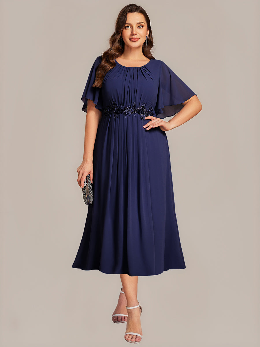 Color=Navy Blue | Fast Delivery Short Sleeve Ruffle A-Line Midi Dress with Floral Appliques Evening Dresses-Navy Blue 6