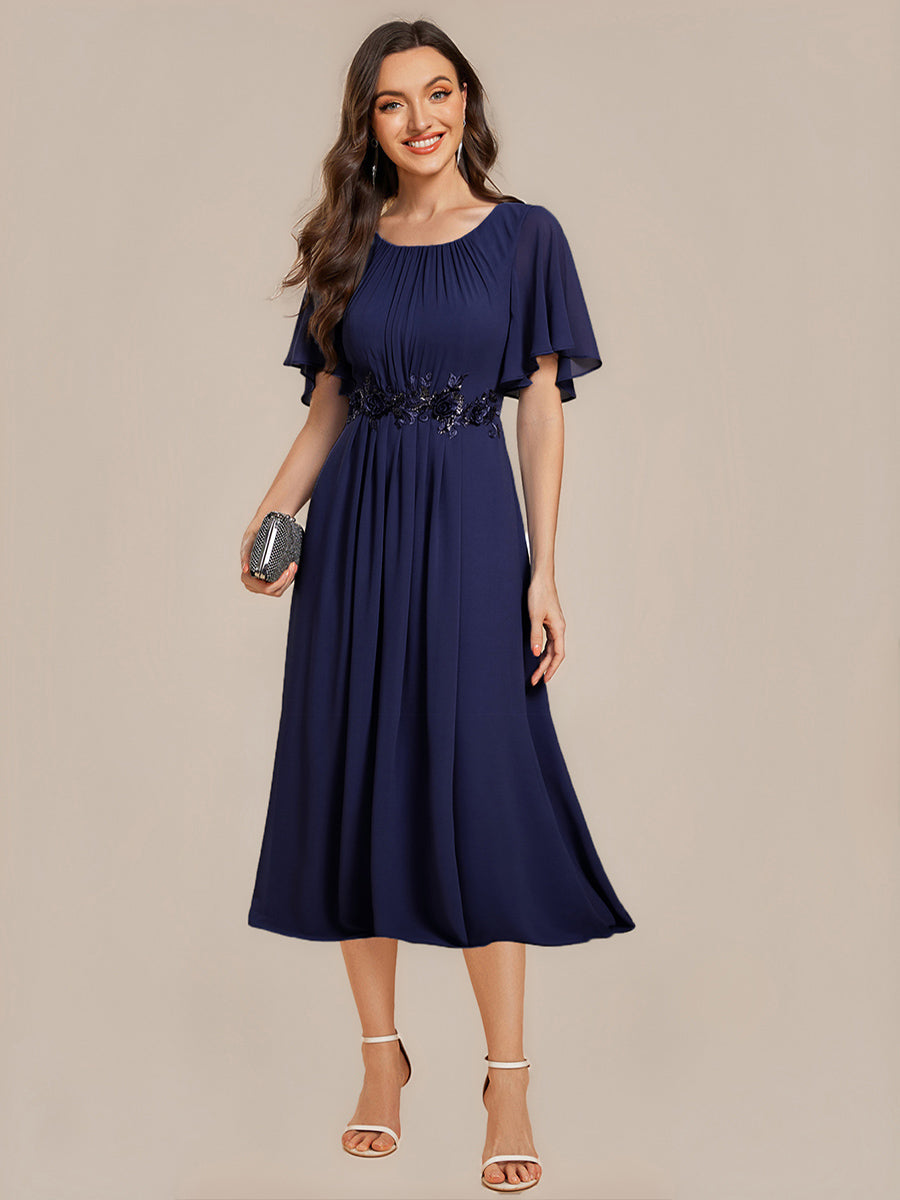 Color=Navy Blue | Fast Delivery Short Sleeve Ruffle A-Line Midi Dress with Floral Appliques Evening Dresses-Navy Blue 1