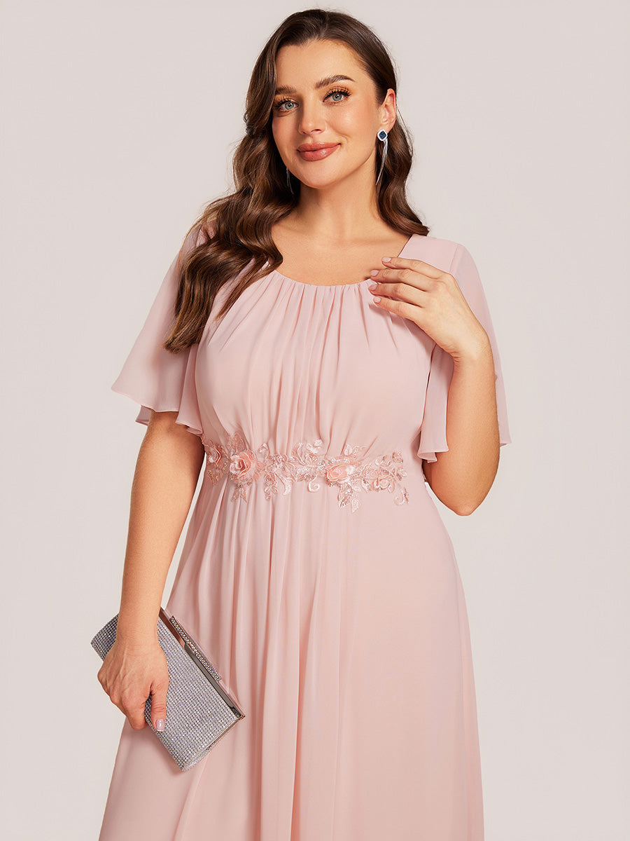 Color=Pink | Plus Size Wholesale Short Sleeve Ruffle A-Line Midi Dress with Floral Appliques Evening Dresses-Pink 13