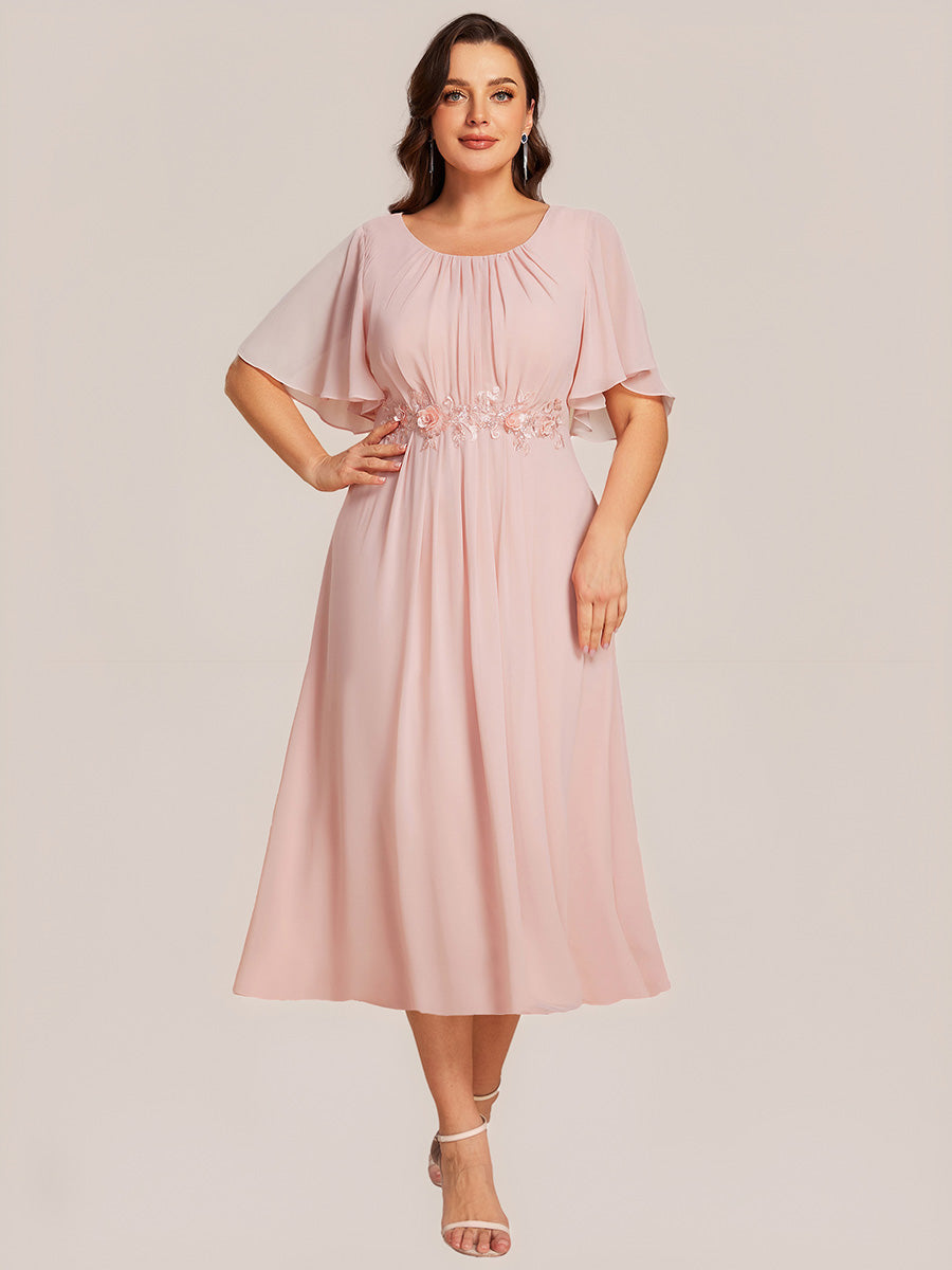 Color=Pink | Plus Size Wholesale Short Sleeve Ruffle A-Line Midi Dress with Floral Appliques Evening Dresses-Pink 11