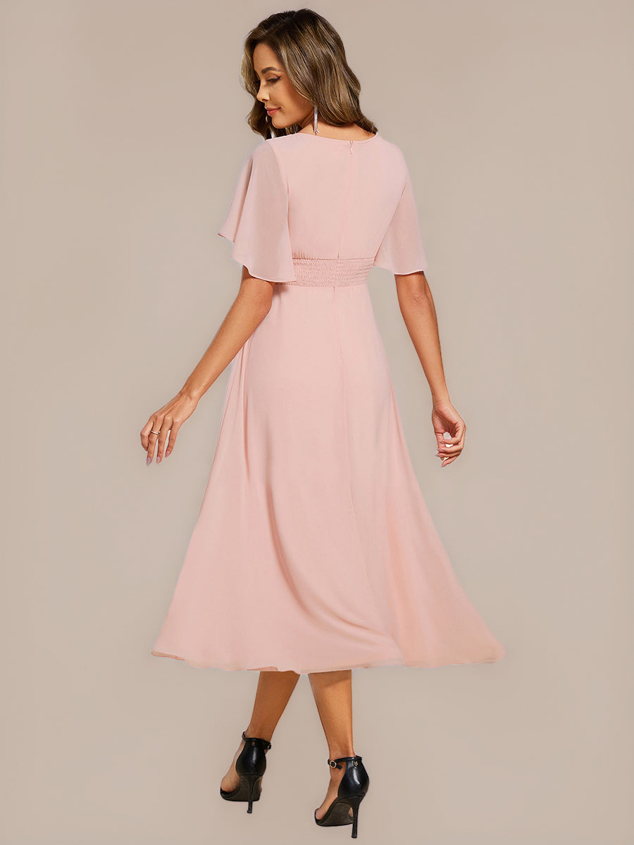 Color=Pink | Commercial Wholesale Short Sleeve Ruffle A-Line Midi Dress with Floral Appliques Evening Dresses-Pink 22