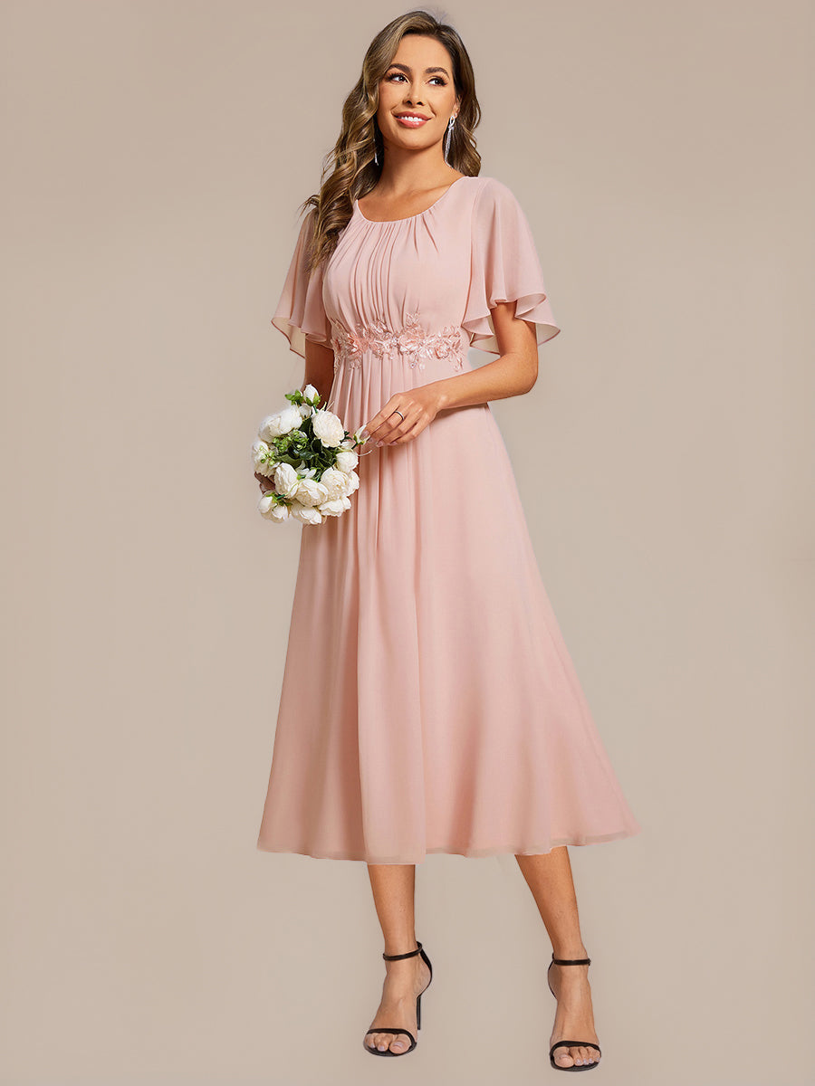 Color=Pink | Commercial Wholesale Short Sleeve Ruffle A-Line Midi Dress with Floral Appliques Evening Dresses-Pink 25