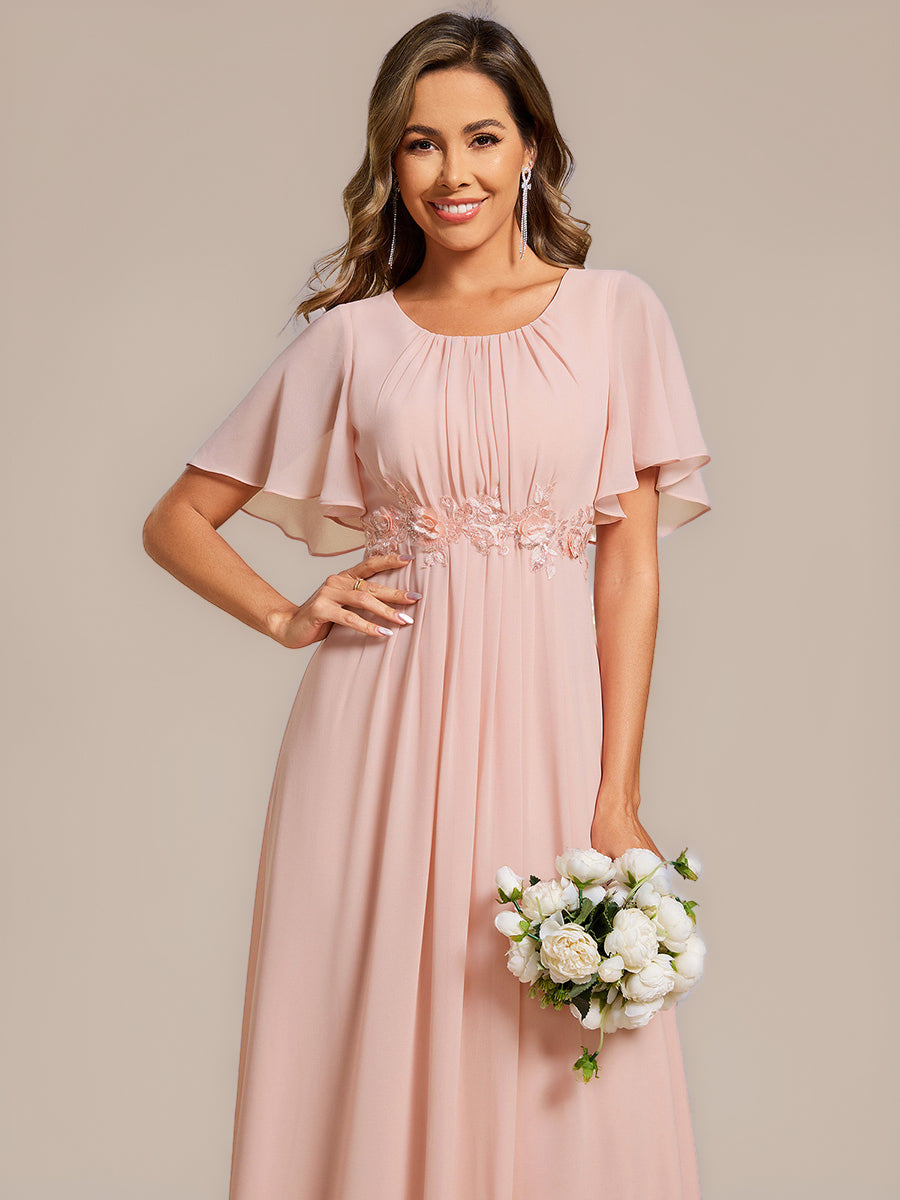 Color=Pink | Commercial Wholesale Short Sleeve Ruffle A-Line Midi Dress with Floral Appliques Evening Dresses-Pink 23