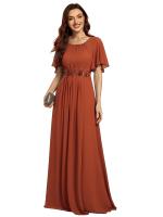 Color=Burnt Orange | Short Sleeves Pleated Applique A-Line Floor-Length Formal Evening Dress - EE02968-Burnt Orange 2