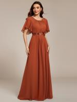 Color=Burnt Orange | Short Sleeves Pleated Applique A-Line Floor-Length Formal Evening Dress - EE02968-Burnt Orange 4