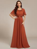 Color=Burnt Orange | Short Sleeves Pleated Applique A-Line Floor-Length Formal Evening Dress - EE02968-Burnt Orange 5