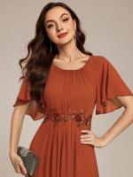 Color=Burnt Orange | Short Sleeves Pleated Applique A-Line Floor-Length Formal Evening Dress - EE02968-Burnt Orange 6
