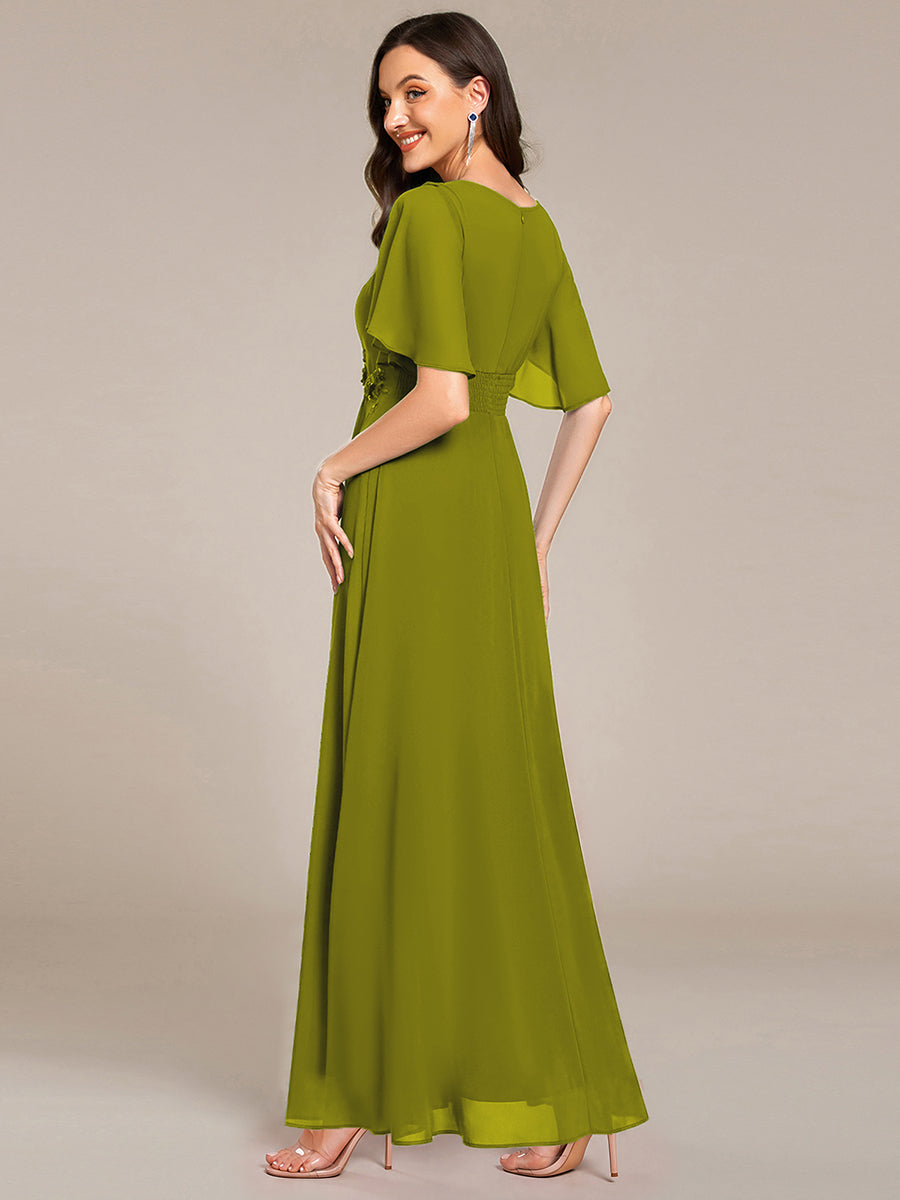 Color=Citron | Short Sleeves Pleated Applique A-Line Floor-Length Formal Evening Dress - EE02968-Citron 2
