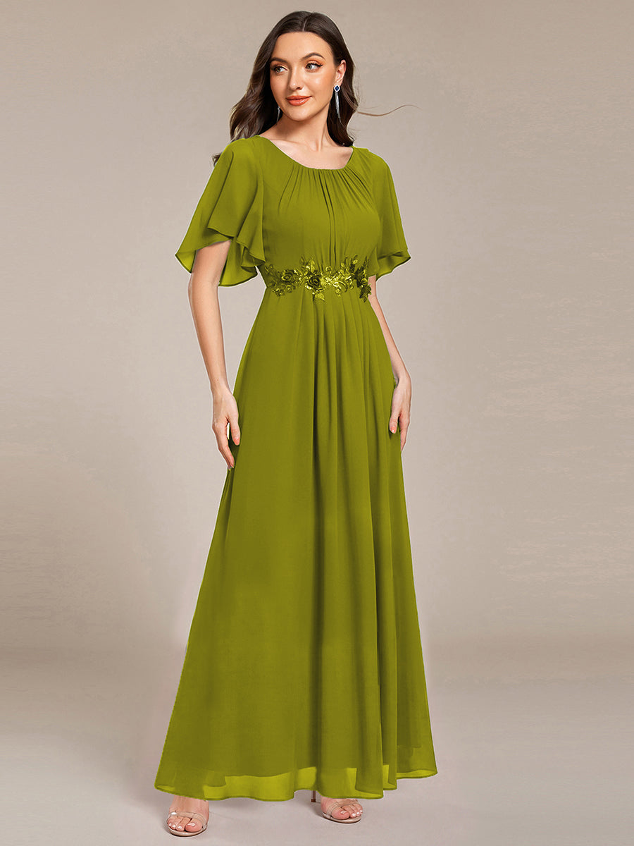Color=Citron | Short Sleeves Pleated Applique A-Line Floor-Length Formal Evening Dress - EE02968-Citron 3