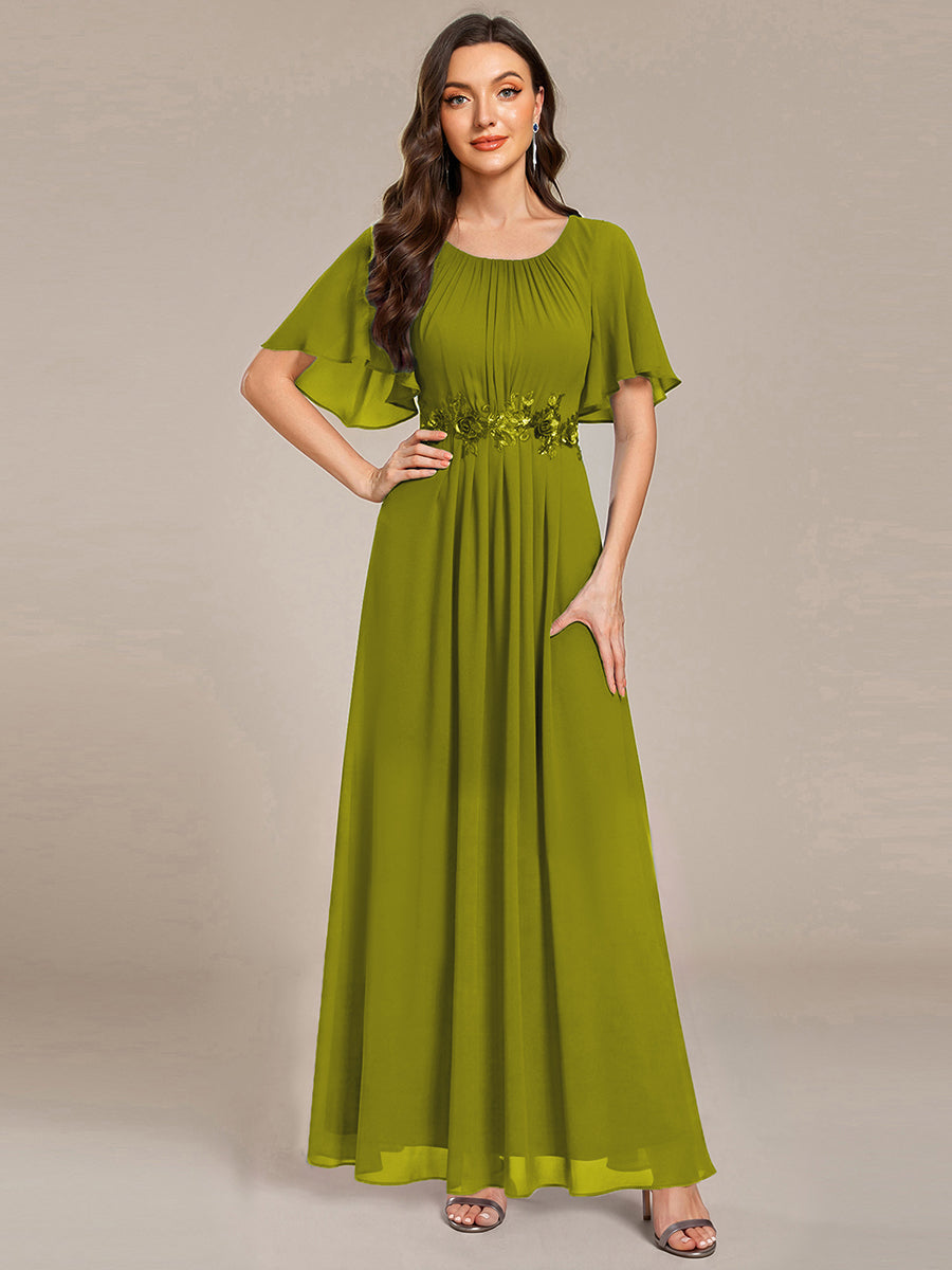 Color=Citron | Short Sleeves Pleated Applique A-Line Floor-Length Formal Evening Dress - EE02968-Citron 4